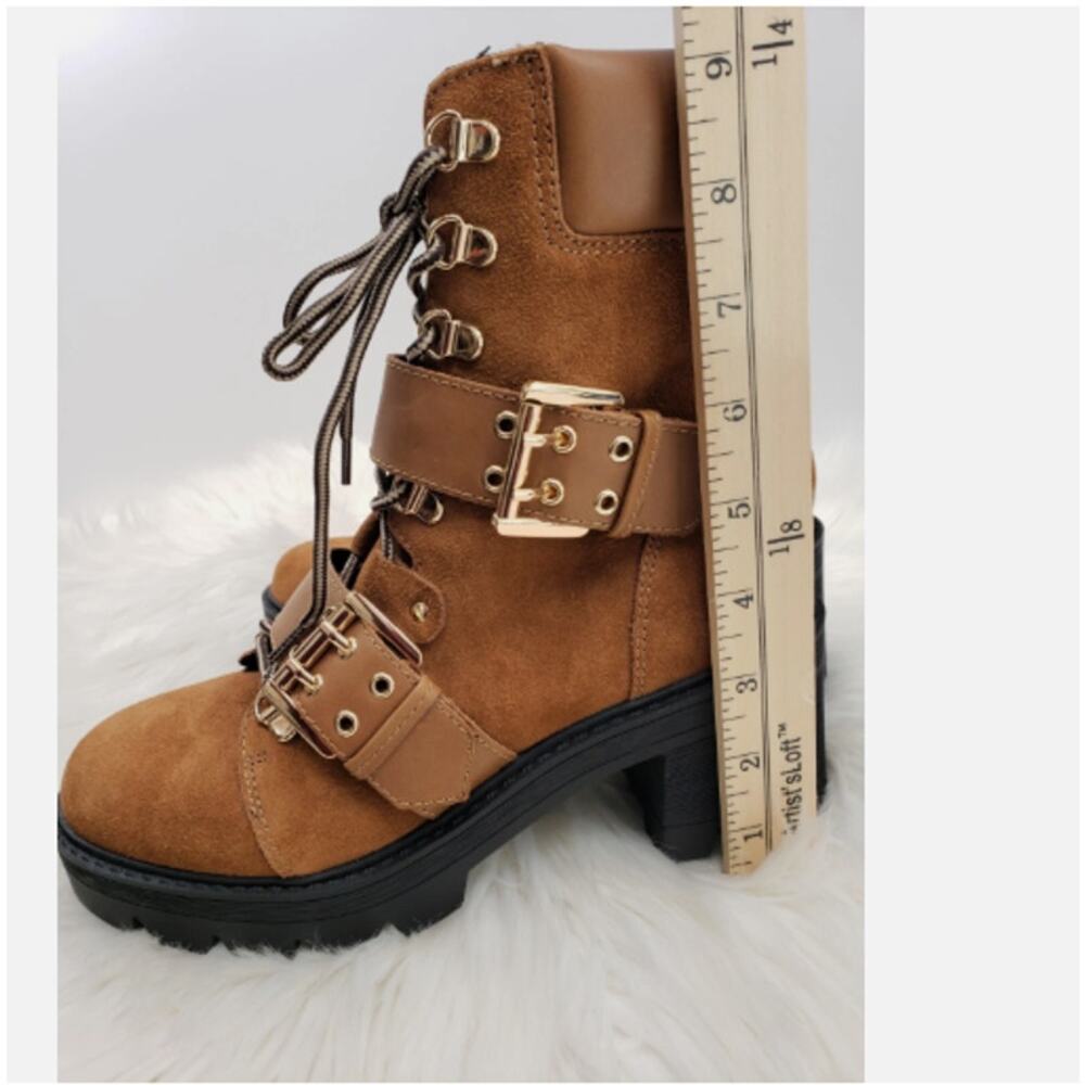 AQUA Genie Buckle Hiker Leather Biker Boots Cognac size 8m Eyes Lace-up Gold new